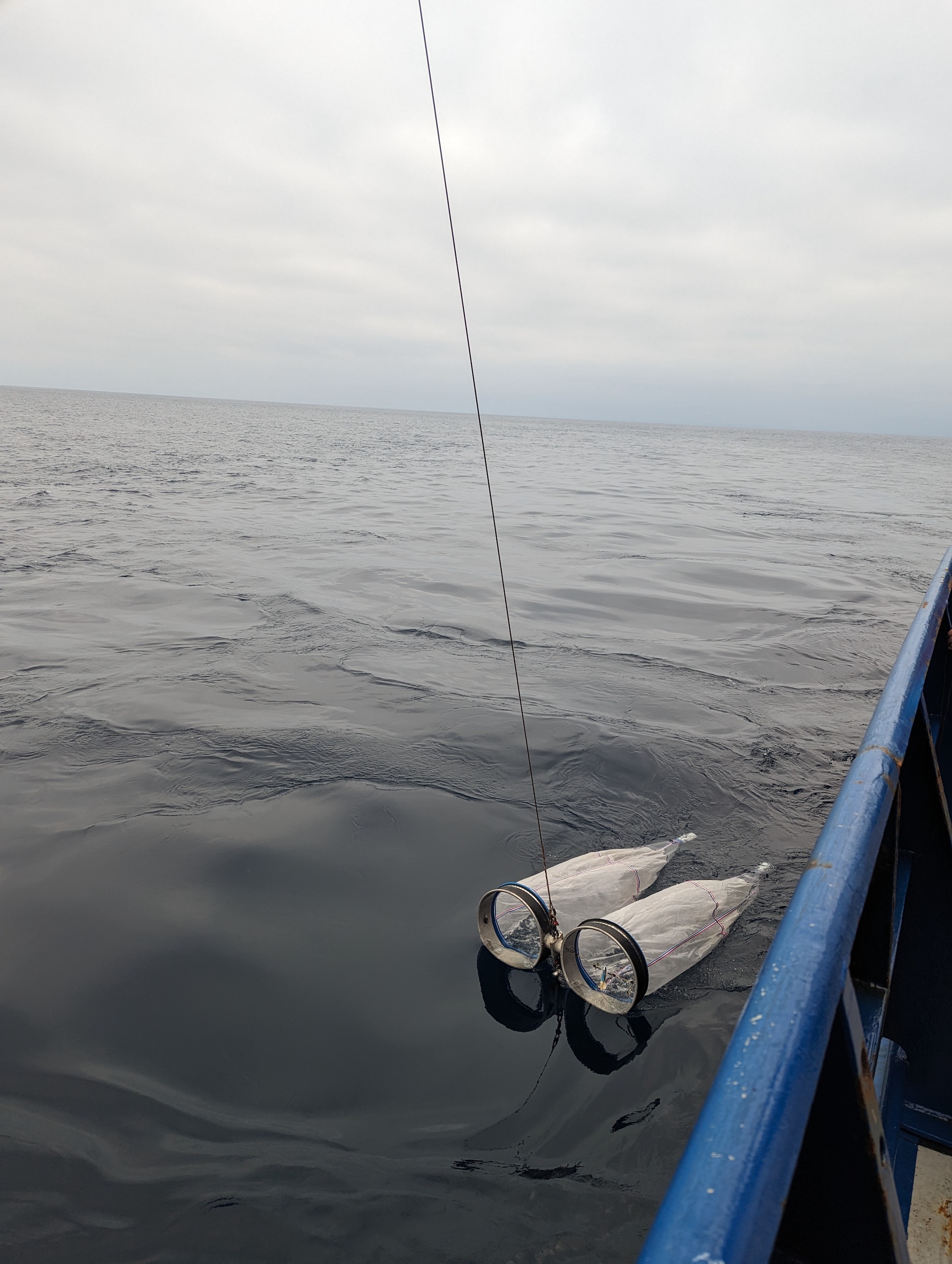paired Bongo-style nets lowered into the ocean via winch.