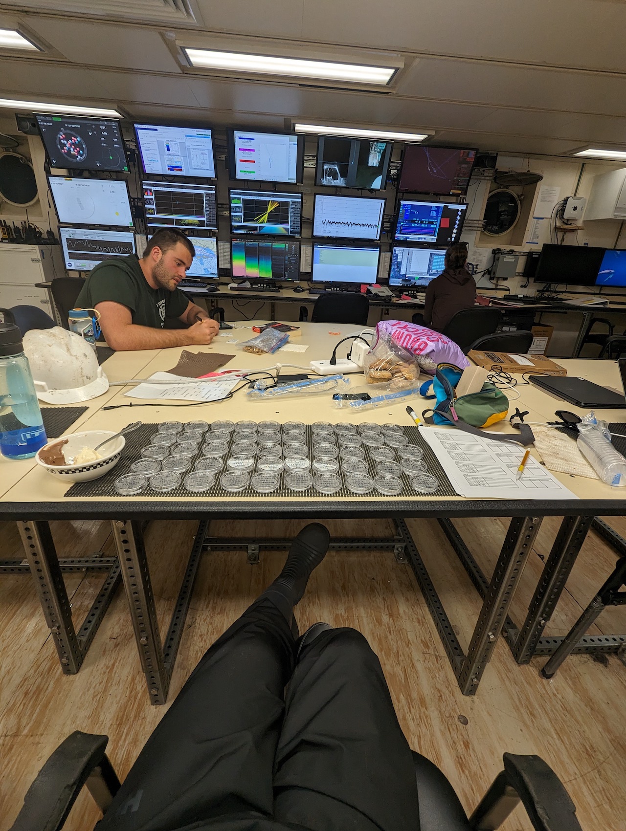 photo of computer lab with many labeled petri dishes and ice cream in the foreground