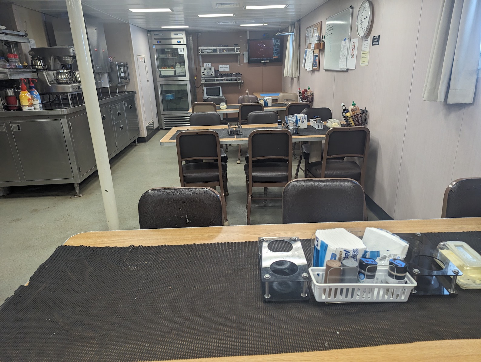 scene of mess hall with rubberized table cloths